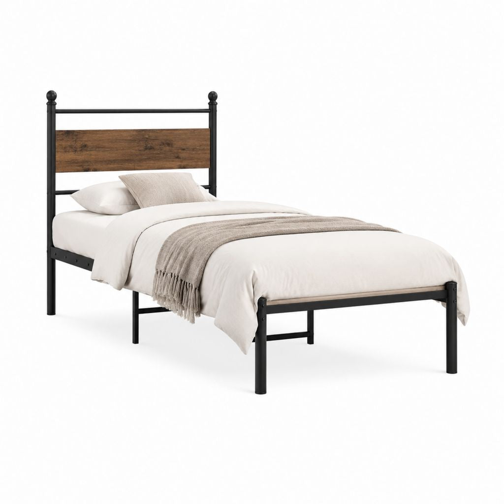 Einzelbett Bettgestell Schwarz Braun aus Stahl und MDF 90 x 200 cm