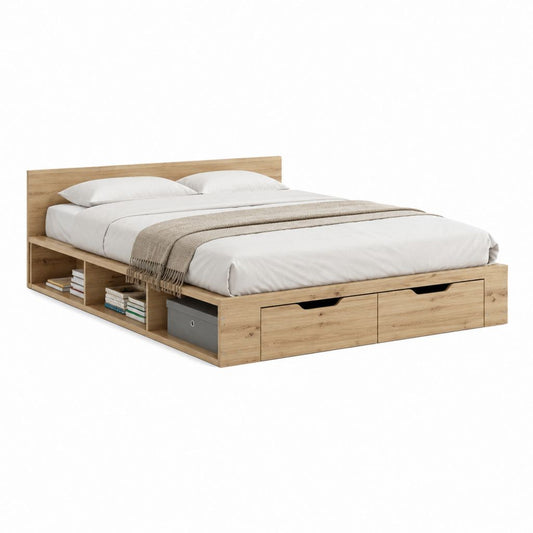 Stauraumbett Doppelbett Eiche-Optik Spanplatte rechteckig 160 x 200 cm mit 2 Schubladen