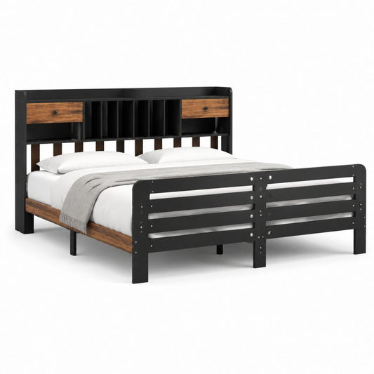 Doppelbett Bettgestell mit Stauraum Schwarz Braun Stahl MDF 160 x 200 cm
