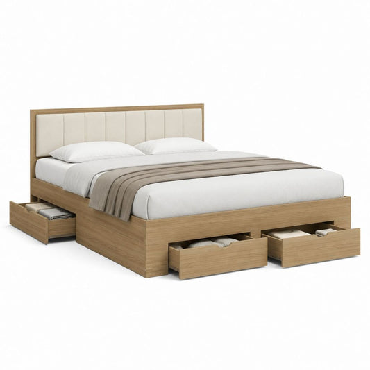 Stauraumbett Doppelbett Eichenoptik mit gepolstertem Kopfteil 160 x 200 cm