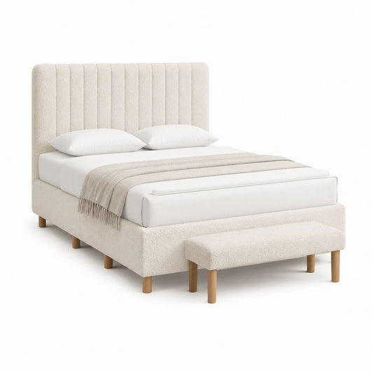 Polsterbett Set Creme mit Bouclé-Polyesterbezug und Holzfüßen 160 x 200 cm inklusive Sitzbank