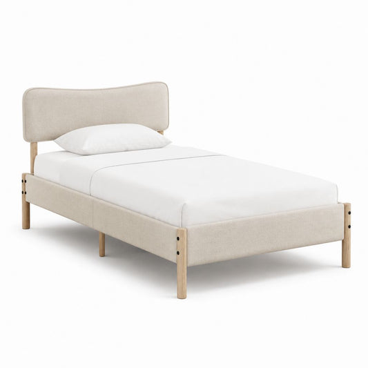 Polsterbett Einzelbett Beige mit Gummibaum-Massivholzrahmen 90 x 200 cm