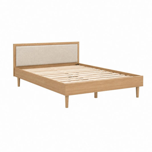 Bettgestell 140 x 200 cm Natur Eichenfurnier mit gepolstertem Kopfteil und Lattenrost