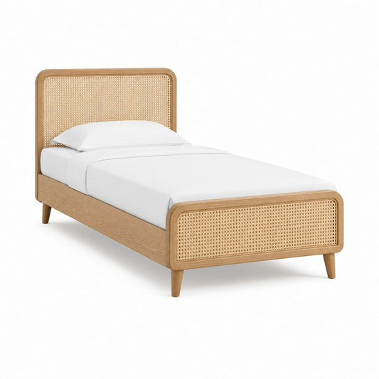 Einzelbettgestell 90 x 200 cm Natur Eichen-Massivholz Rattan rechteckig
