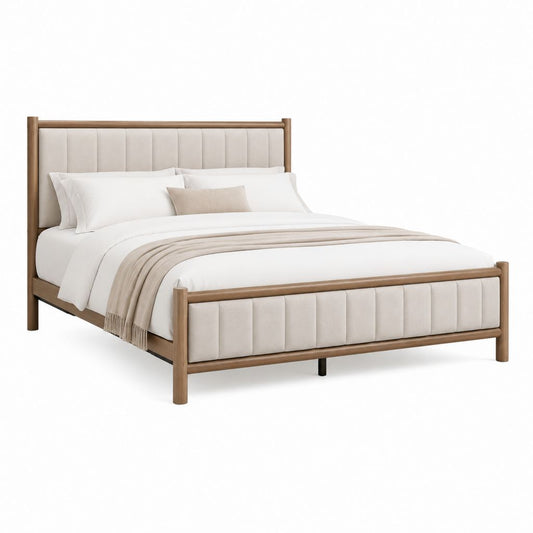 Polsterbett Bettgestell Natur Beige Massivholz Polyester 160 x 200 cm