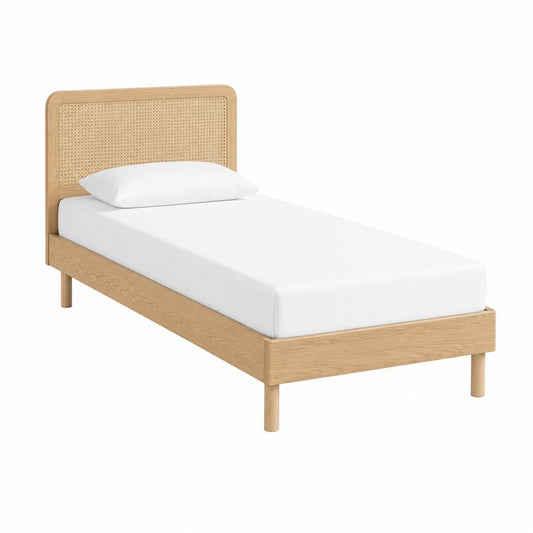 Einzelbett Bettgestell Natur aus Eichen-Massivholz mit Rattan-Kopfteil rechteckig 90 x 200 cm