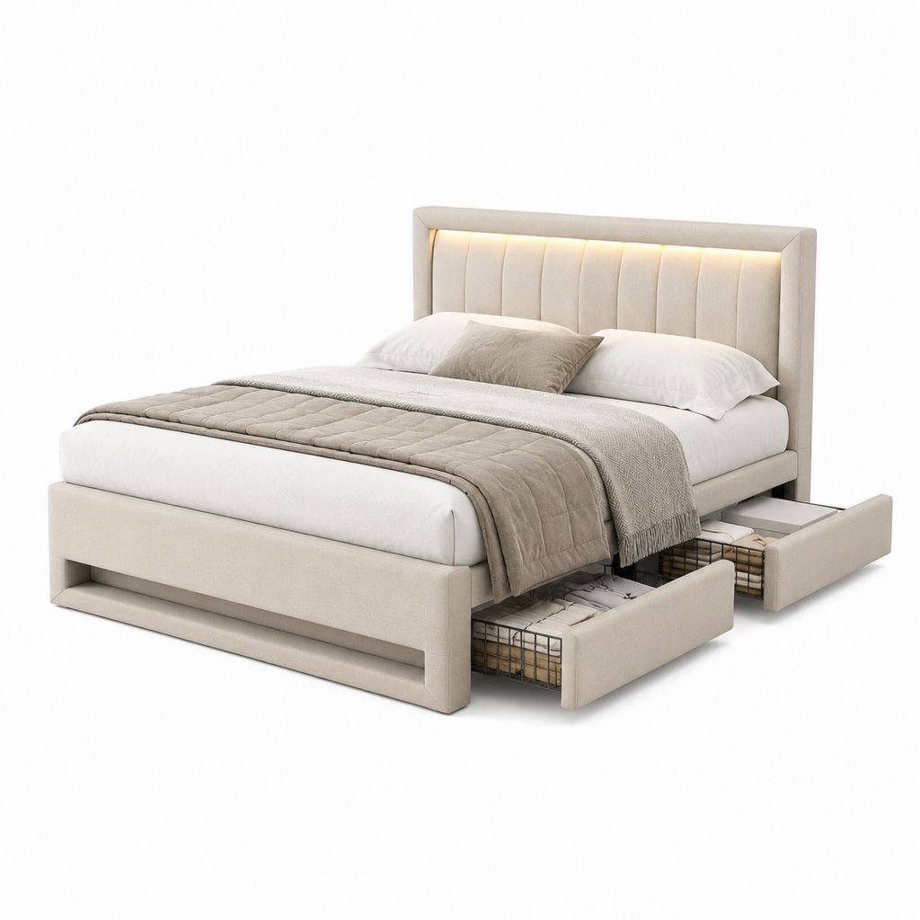 Polsterbett Beige mit LED-Kopfteil und 4 Schubladen 160 x 200 cm