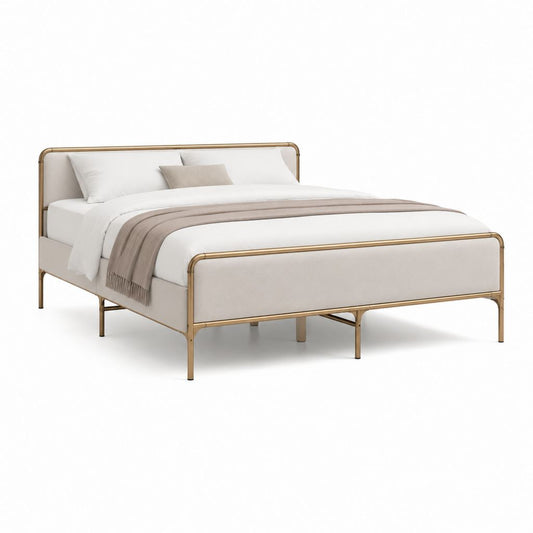 Polsterbett Doppelbett 160 x 200 cm Beige mit Stahlrahmen in Gold