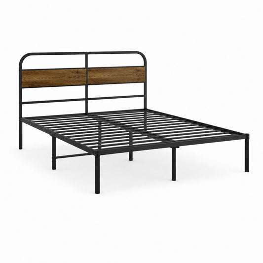 Metallbettgestell Schwarz mit brauner MDF-Kopfteilfüllung 160 x 200 cm